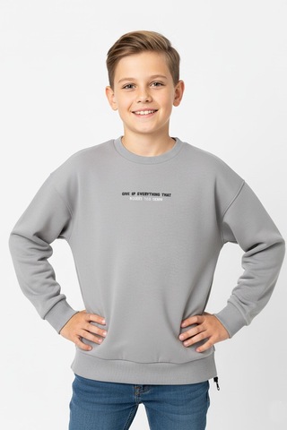 Bisiklet Yaka Baskı Detaylı Erkek Çocuk Sweatshirt-90906 Gri