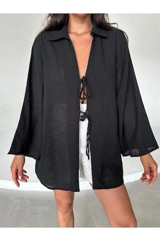 Siyah %100 Keten Bağcık Detaylı Kimono Bluz - 5218 Siyah
