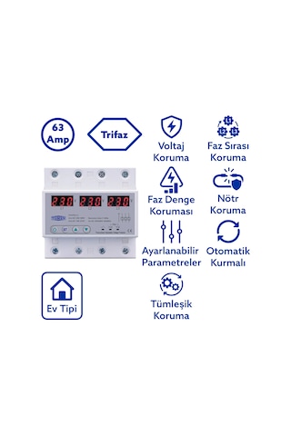 Tomzn Voltaj Koruma Rölesi Koruyucu Röle 220V 63A 3 Fazlı - Ev Tipi Trifaz
