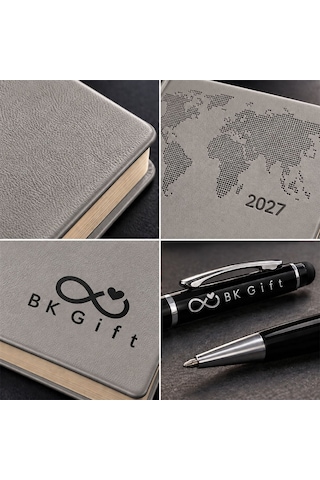 Logonuza Özel 10 Adet 378 Termo Deri 2027 Ajanda & Siyah Touch Pen Kalem Seti Gri