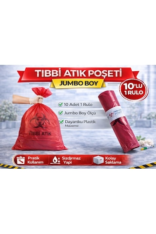 Tıbbi Atık Poşeti Jumbo Boy 10'lu 1 Rulo Kırmızı Tıbbi Atık Atık Poşeti