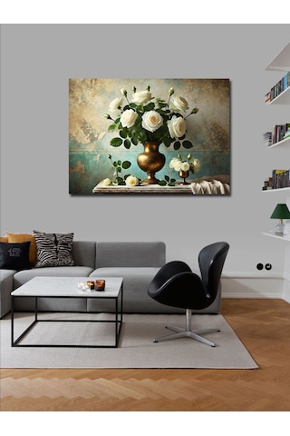 Kanvas Tablo Beyaz Çiçek Vazosu 50cmx70cm
