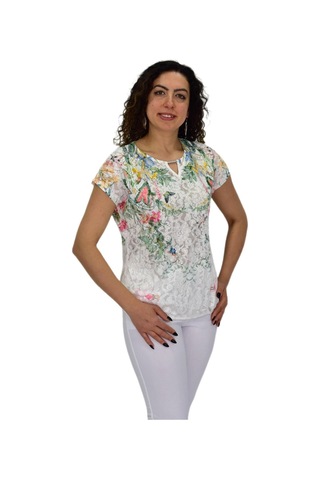 Kadın Kısa Kol Baskılı Bluz Bgl-st04691 Krem
