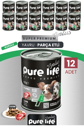 Purelife Plus 12'li Kuzulu Yavru Puppy Köpek Konserve Chunk Parça Etli Yaş Mama 400 G