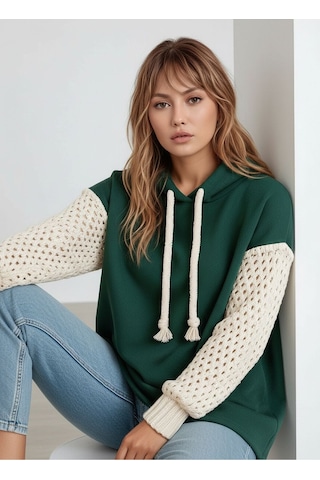 Mamayaga Kadın Kolları Örgü Triko Şık Tasarım Oversize Tunik Boy Zümrüt Yeşili Sweatshirt Kazak Yeşil