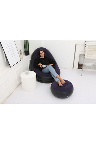 Ikkb Şişme Tembel Koltuk Pedal İle İki Parçalı Taşınabilir Dış Mekan Mobilya Ayak Pompalı Mavi Mavi