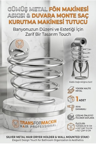 Transformacion Gümüş Metal Fön Makinesi Askısı Duvara Monte Saç Kurutma Makinesi Tutucu 719681