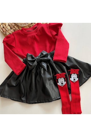 Deri Etek Badi, Diz Altı Çorap Takımı Kız Çocuk Takım Kırmızı