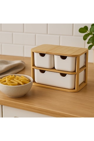 Doğal Bambu Çok Amaçlı 3 Gözlü Çekmeceli Organizer Br-6711 Beyaz