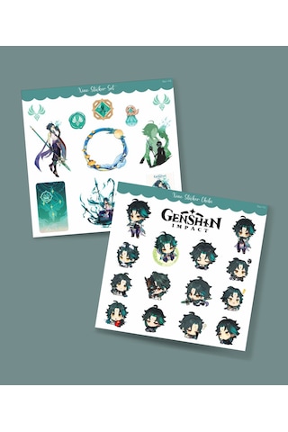 Xiao-genshin İmpact-xiao 2 Li Sticker Set Parlak Kağıt-oyun Etiketi - Telefon -hediye Süsleme Açık Yeşil