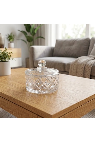 Kare Kesme Desen Kristal Kulplu Kapaklı Cam Çerezlik Şekerlik 10 10 Cm Şeffaf