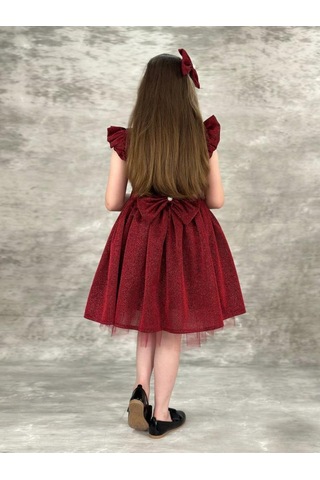 Riccotarz Kız Çocuk Omzu Fırfırlı Parıldayan Bordo Elbise Bordo