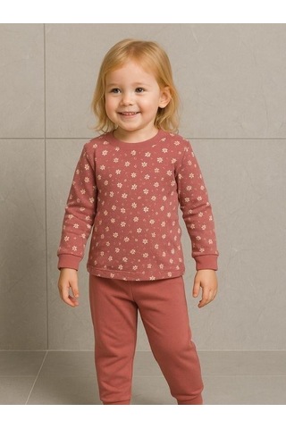 Kız Çocuk Çiçek Desenli Pamuklu Yumuşak Dokulu Pijama Takımı-16056 Gül Kurusu