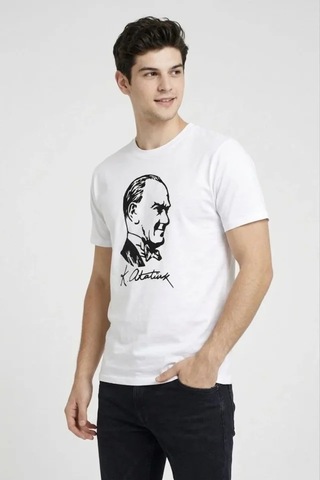 Hazego Erkek Atatürk Baskılı Tişört Kısa Kollu Bisiklet Yaka T-shirt - Beyaz