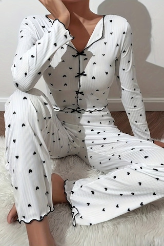 Merry See Kalp Baskılı Uzun Kollu Pijama Takımı Beyaz