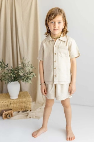 Oliven The Kid Oliventhekid Bej Keten Önden Düğmeli Cepli Kısa Kol Erkek Çocuk Gömlek Bej Bej