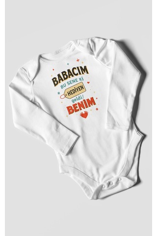 Babacım Bu Sene Ki Hediyen Geldi Benim Baskılı Bebek Zıbını Çıtçıtlı Body %100 Pamuk Uzun Kol Beyaz