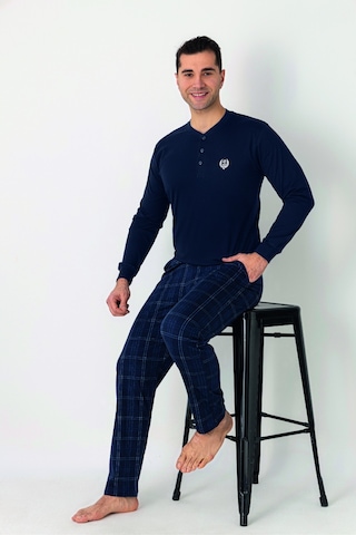 Estiva Erkek Kareli Alt Desenli Lacivert Uzun Kollu Patlı Penye Pijama Takımı Çok renkli