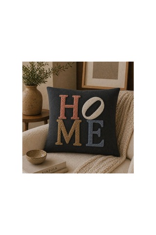 Punch Nakışlı Kırlent Kılıfı 45x45 Cm Kırlangıç Home Çapa Çiçek Desenli Siyah-home