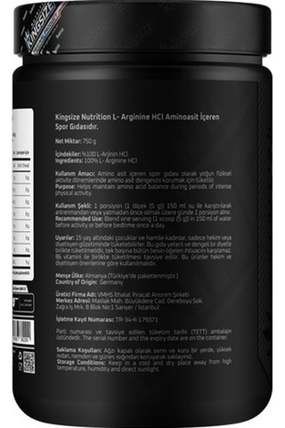 Kingsize Nutrition Arginine Powder 750 Gr