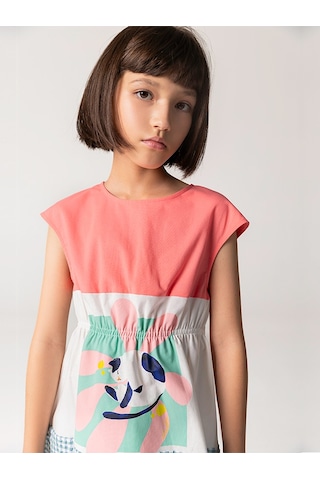 Sheshe Kısa Kollu Kareli Ve Çiçek Kız Çocuk Elbise Renkli