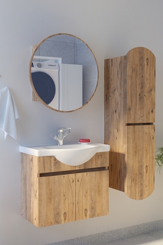 Makbulce Erciyes Havlu Dolaplı 65cm Seramik Lavabolu Mdf Oval Aynalı Banyo Dolabı Atlantik Çam