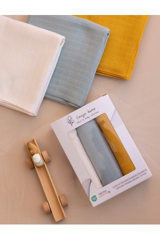 Çok Amaçlı Müslin Örtü & Battaniye 3'lü Set Pamuk Oeko-teks Sertifikalı 80x80 CM Hardal