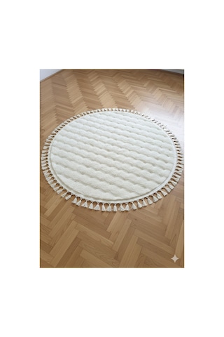 Velvet Serisi Krem Saçaklı Bubble Yolluk Özel Puffy Peluş Halı Yuvarlak Kaymaz Taban Antre Hol Polye Renkli