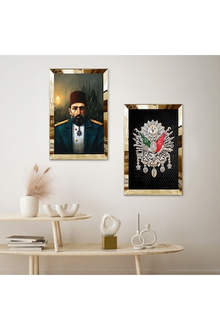 Gold Aynalı Pleksi Çerçeveli Padişah Abdülhamid Ve Osmanlı Tuğrası İkili Mdf Tablo Seti