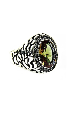 Zultanit Oval Taşlı Yanları Siyah Taşlı Gümüş Erkek Yüzük