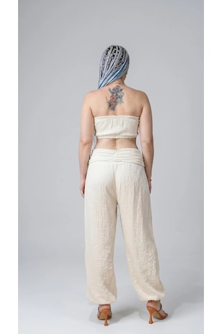 Byemelika %100 Pamuk, Bürümcük, Paça Lastik Detay Bohem Büstiyer & Pantolon Takım Bej