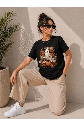 Freedom Storee Kadın Balkabağı Hayalet Baskılı Tişört Kısa Kol Yazlık T-shirt - Siyah Çok Renkli