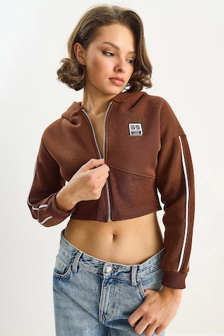 Shade Kadın Kapüşonlu Fermuarlı Korse Detaylı Şardonlu Crop Hırka 6867 60283525 - Kahverengi