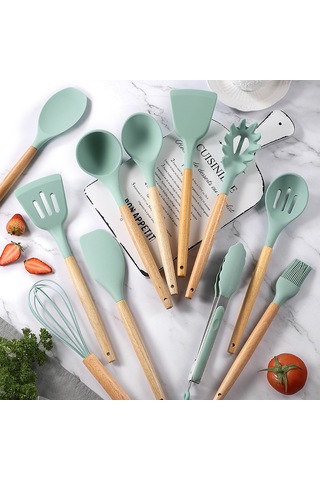 Symbee Ahşap Saplı 11 Parça Silikon Mutfak Gereçleri Seti - Anti Yapışkan, Isı Dayanıklı, Kolay Temizlenir, Gri Renkli Kova İle Tam Zamanlı Pişirme Araçları