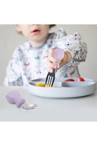 Jojobebek Kaşık Çatal Seti, Ergonomik Kısa Saplı Silikon, Paslanmaz Çelik Uçlu, Saklama Kutulu, 9-24 Ay / Gri