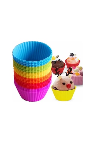 18'li Silikon Yıkanabilir Tekrar Kullanıma Uygun Cupcake Muffin Tart Puding 7 Cm Lik Kalıp Çok Renkli