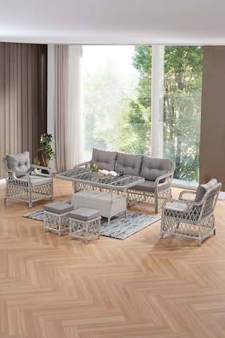 Edra Rattan Puflu Bahçe Balkon Takımı 3+1+1+camı Masa Kemik Rengi Kemik