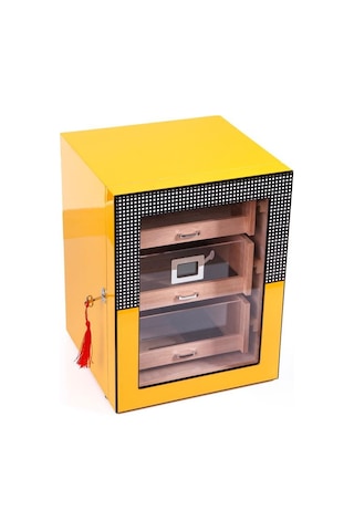 Cohiba Sarı Cohiba Desenli 4 Çekmeceli Sedir Humidor Puro Kutusu