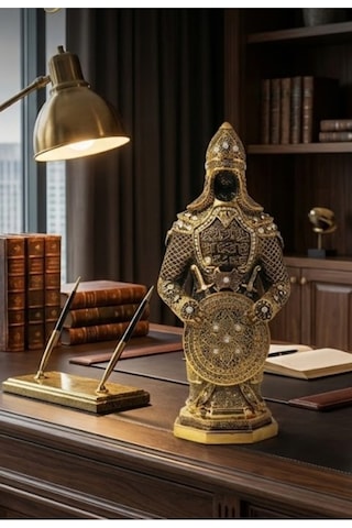 Taş İşlemeli Gold Biblo Allah & Muhammed S.a.v Zırhlı Cevşen Ayetli Asker Figürlü Taşlı Biblo 23cm Çok Renkli