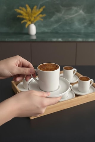 Atbyhome Aden Bambu Tepsili 6 Kişilik Türk Kahvesi Fincan Takımı Seti Beyaz