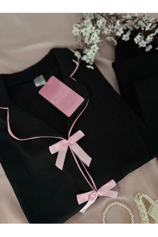Mh Moony Homewears Coco Kışlık Termal Merlin Kumaş Siyah Pijama Takımı Siyah Ve Pembe