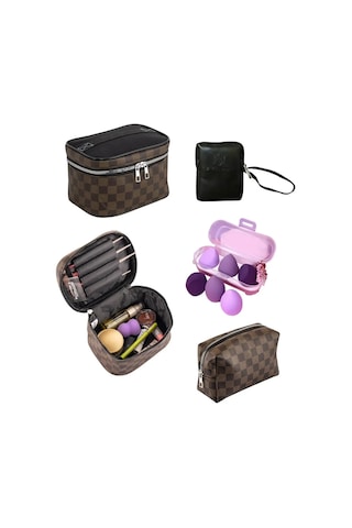 4'lü Makyaj Organizeri Kozmetik Çanta Seti & 3'lü Makyaj Süngeri - Kahverengi Damalı