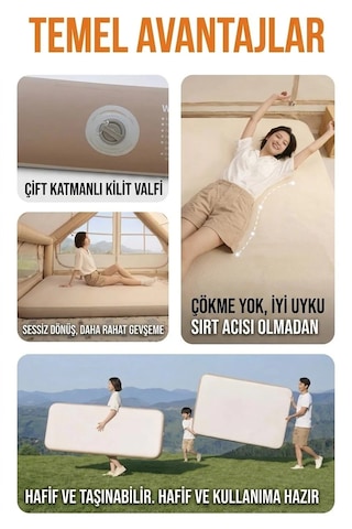 Shufa Drop Stitch Çift Kişilik Şişme Yatak 200x140x20 Cm Hava Kaçırmaz Kamp Ve Ev Tipi Lüks Hava Yatağı Bej