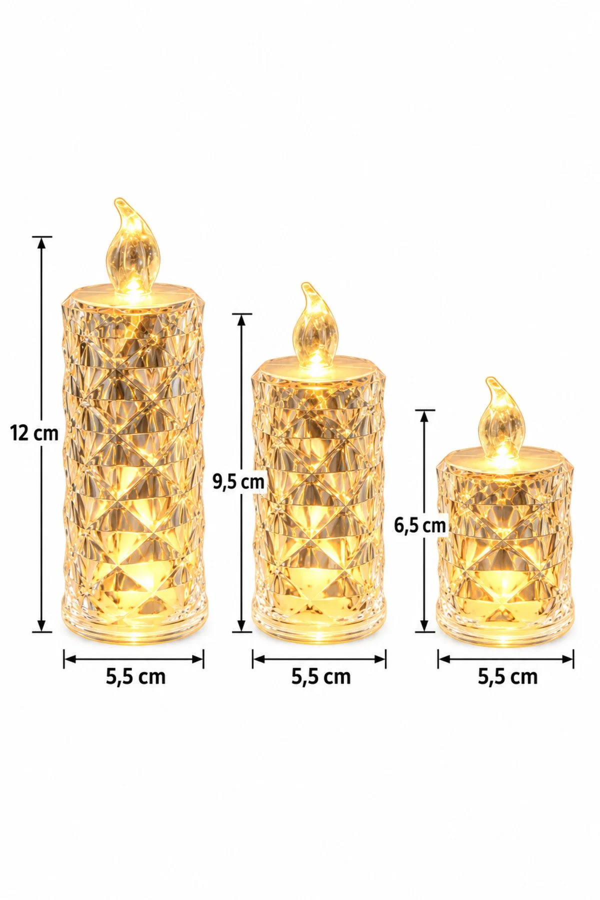 Erkugo 3 Lü Kristal Görünümlü Led Mum Seti 12-9,5-6,5 X 5,5 Cm Şeffaf Sıcak Sarı