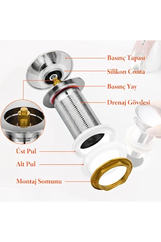 Lavabo Pop-up Gider Süzgeci Paslanmaz Çelik & Pirinç Gövde, Gider Borusu Dahil Set Metalik