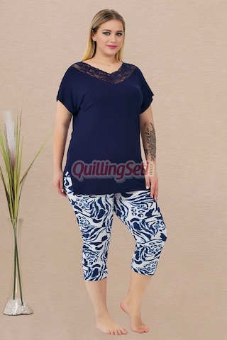 Lady Lacivert Beyaz Renk, Çiçek Desenli 10734 Pamuklu Büyük Beden Tayt Ve Kapri Anne Pijama Takımı - 3xl Lacivert - Beyaz