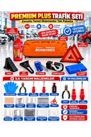 Premium Trafik Ve İlk Yardım Seti Tüvtürk Muayene Uyumlu Ce Belgeli Abc 1kg Yangın Söndürücü Ve E Belgeli Reflektör-turuncu