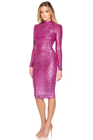 Hanife Glam Couture Balıkçı Yaka Uzun Kollu Midi Elbise Pembe