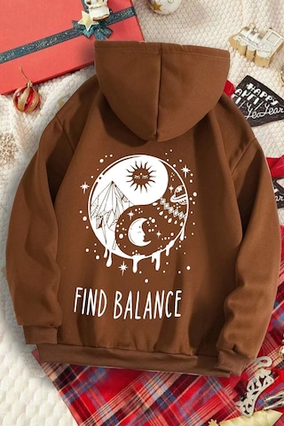 Uyguntarz Unisex Cartoon Face Siyah Beyaz Hoodie Kahverengi
