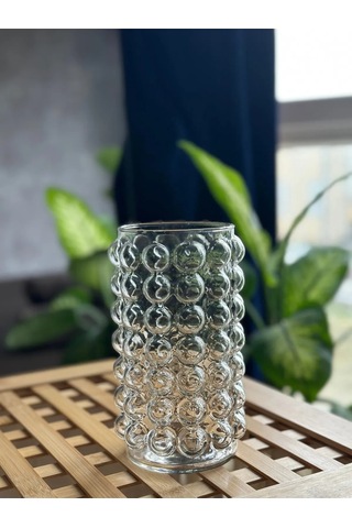 El İşçiliği Silindir Bouble Desenli Fenomen Dekoratif Vazo Mumluk 10x 25 Cm Yükseklik Beyaz